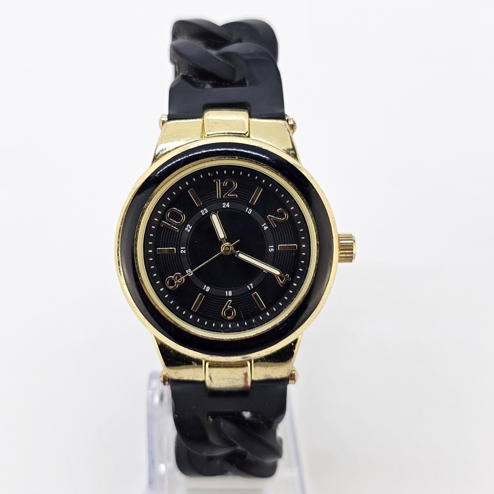 Women's Analog Watch 36MM Black Dial Black Plastic Bands NEW Battery